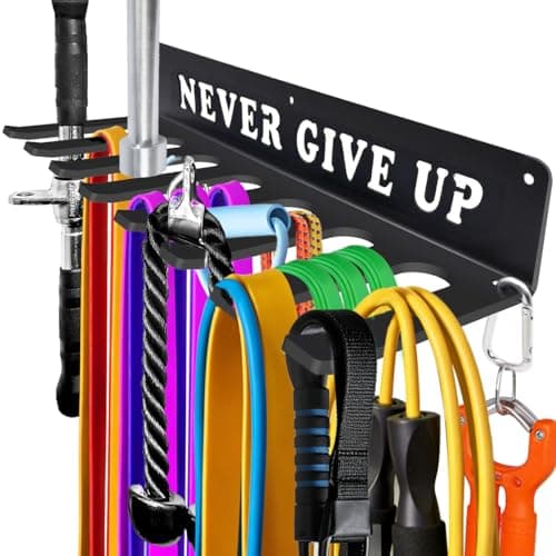 Gym Home Rack 8 Hook Heavy-Duty Wall-mounted Organizer Multi-Purpose Workout Gear Wall Hanger Storage for Resistance Bands Jump Ropes Lifting Belt Fitness Bands Barbells Carabiners Included (NEVER GIVE UP) - Image 1