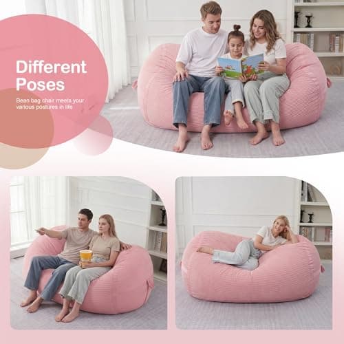 HABUTWAY Bean Bag Chair, 5FT Giant Bean Bag Chair with Memory Foam, Ultra-Soft Corduroy Cover & Zipper Design, Portable Handle – Comfy Bean Bag Sofa for Living Room, Bedroom, No Assembly - Pink - Thumbnail 5