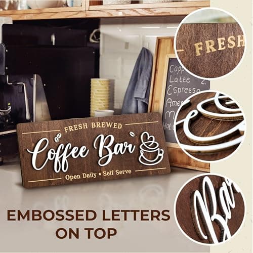 Woodamore Coffee Bar Signs for Wall Decor - Vintage Coffee Accessories for Cafe Station Signs Decorations, Small Farmhouse Cafe Sign for Home Decor Kitchen, Countertop - Thumbnail 5