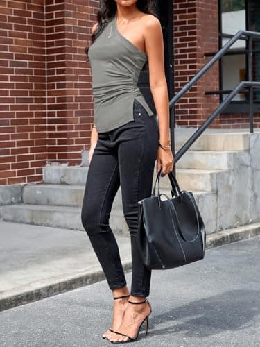 Cicy Bell Womens Summer One Shoulder Tank Tops Slim Fit Asymmetrical Tops Split Hem Ruched Going Out Y2k Shirts Grey - Thumbnail 4