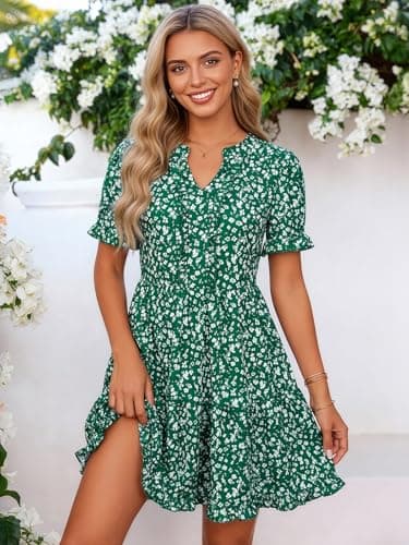 Berydress Women's Casual Summer Mini Sun Dress 2026 Vacation Trendy Floral Ruffle Babydoll Flowy Boho Easter Ladies Dresses with Pockets(XL,6316-Green Flo) - Thumbnail 4