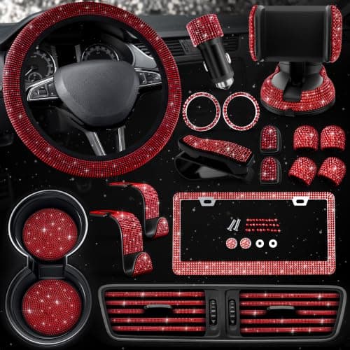Red Bling Car Accessories Set, 27 Pieces Car Interior Set Including Steering Wheel Cover, Diamond License Plate Frame, Phone Holder, Coasters, Hooks, Great Gift for Women Drivers - Image 1