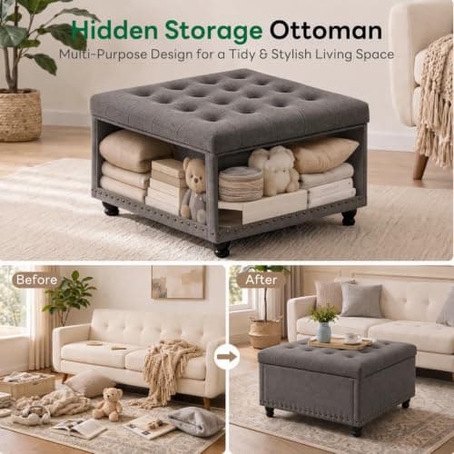 Tbfit Large Square Storage Ottoman Bench, Tufted Upholstered Coffee Table with Storage, Oversized Storage Ottomans Toy Box Footrest for Living Room, Dark Grey - Thumbnail 3