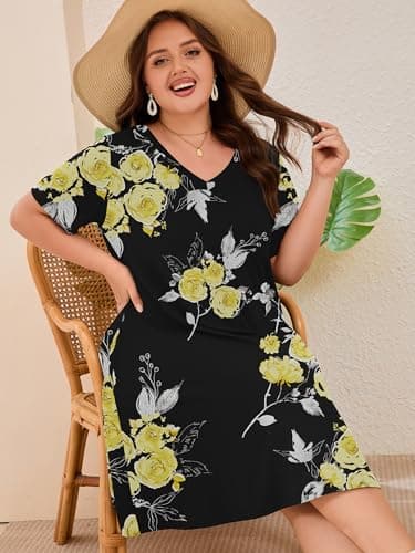 AusLook Plus Size Midi Dress for Women Black Golden Floral 3X Short Sleeve Loose V Neck Summer Casual A Line Knee Length Work Outfit T Shirt 2026 Sundresses with Pockets - Thumbnail 5