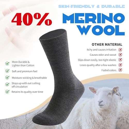 Forcool 3 Pairs Merino Wool Diabetic Crew Socks Men Women Non Binding Wide Loose Top Cushioned Sole Diabetic Dress Socks, Large Dark Gray - Thumbnail 2