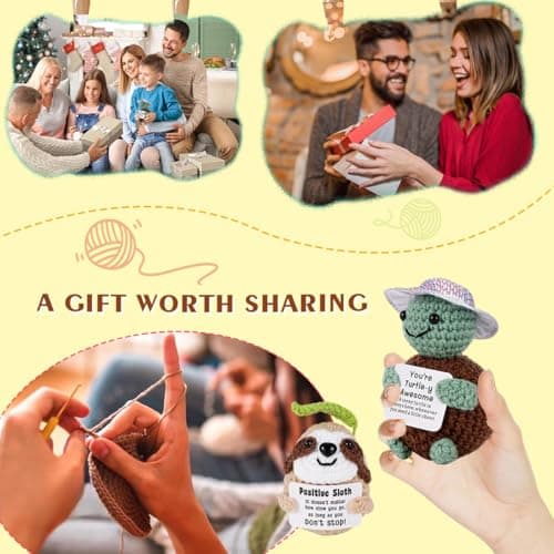 2 Pack Positive Crochet Animals Birthday Gifts for Women Men Includes Motivational Cards and a Wooden Base Cute Small Gift for Son Mom Dad Daughter Sister Friend Coworkers - Thumbnail 5