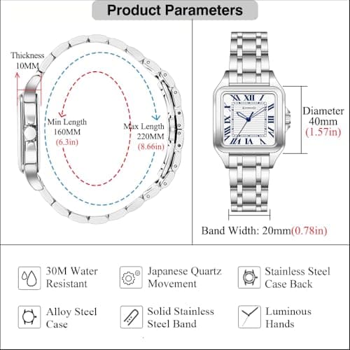 KNISKRED Classic Square Watch for Men with Vintage Roman Numeral and Solid Stainless Steel Band (Silver Blue) - Thumbnail 5