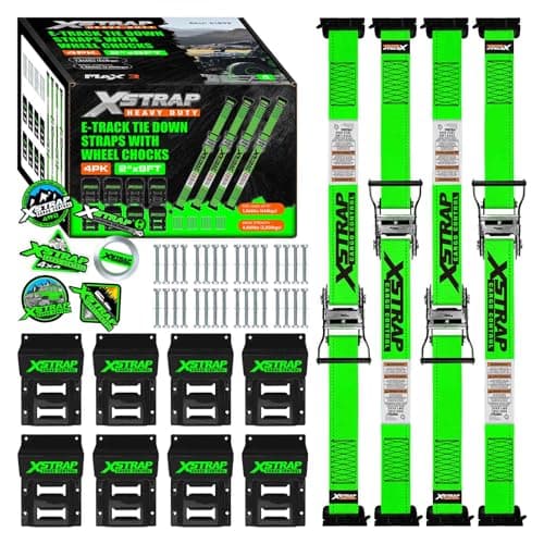 XSTRAP STANDARD Wheel Chock E-Track Tie Down Straps Kit, 4 Pack 2” x 9FT Over-The-Tire Ratchet Straps with Steel Wheel Chocks, 1466 lbs WLL for ATV, UTV, Lawn Mower, Trailer Hauling, Green
