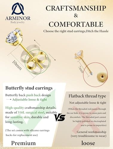 Arminor 7 Pairs 20G Stud Earrings for Women Men Hypoallergenic 316L Surgical Stainless Steel Earrings for Multiple Piercing | AAAAA+ Cubic Zirconia Earring Stacks with Butterfly & Silicone Backs - Thumbnail 3