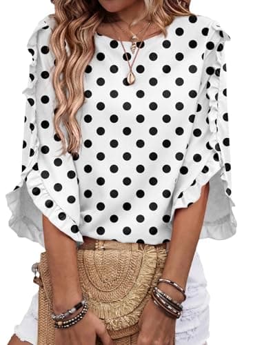 EVALESS 3/4 Length Sleeve Womens Tops Dressy Casual Blouses Cute Crewneck Polka Dots Ruffle Sleeve Shirts Fashion 2026 Spring Summer Outfits Business Work Tops Black Small - Image 1
