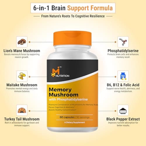 M NUTRITION Memory Mushroom + with Phosphatidylserine, Lions Mane, Turkey Tail, B Vitamins & Black Pepper – Brain & Focus Support Supplement – 60 Capsules, Non-GMO, Gluten-Free, Made in USA - Thumbnail 2