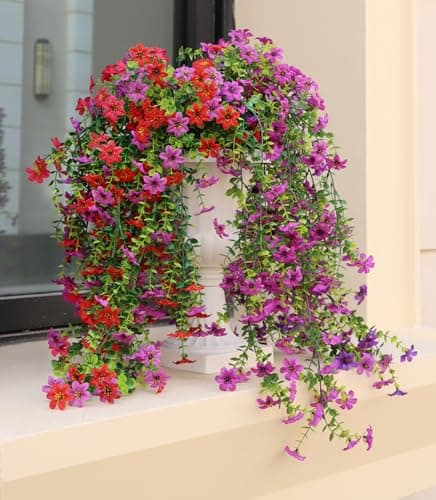 Obmnor Artificial Hanging Flowers for Outdoors, 4 Pack Fake Hanging Plant for Spring Summer Decor, UV Resistant Faux Silk Flower for Planter Porch Patio Balcony Yard Decoration (Light Purple & Red)