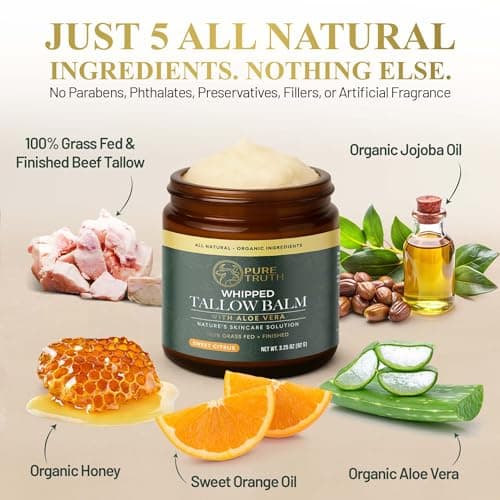 Pure Truth Whipped Tallow and Honey Balm (Citrus), Beef Tallow for Skin Care, Grass Fed + Finished Tallow Moisturizer Cream for Face & Body w/Organic Honey, Aloe Vera, Jojoba Oil - Men Women 3.25oz - Thumbnail 2