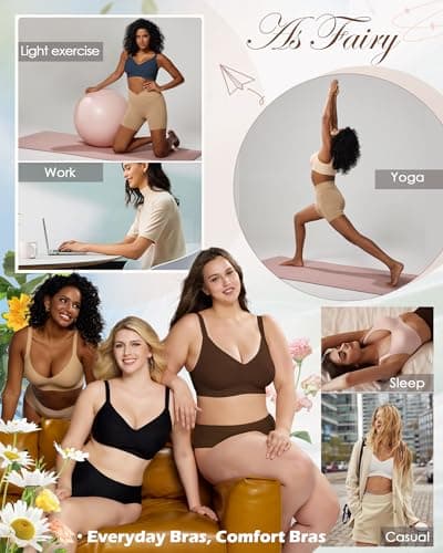 As Fairy Women's Seamless Wireless Push Up Comfort Bras V Neck Back Smoothing Bralette Full Coverage Lightly Pad Bra Coffee 32B - Thumbnail 6
