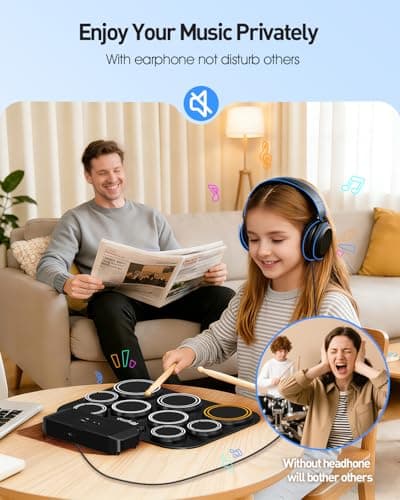 Rhymo Portable Electronic Drum Set, 9-Pad Roll-Up with Built-in Speaker, Rechargeable Battery, Headphones, Drum Pedal & Sticks, Perfect for Beginners, Home Practice and Travel Gifts - Thumbnail 2