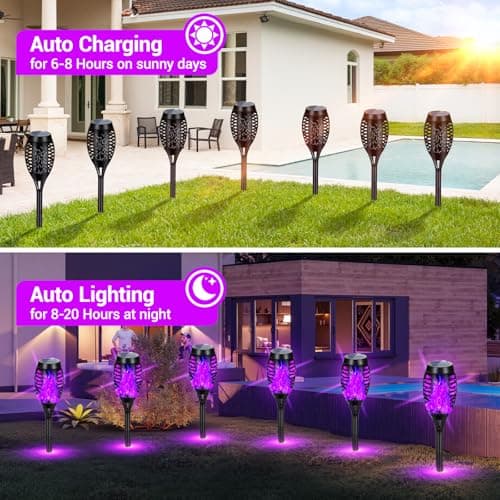 AOUNQ Solar Lights Outdoor Halloween Decorations, Upgraded 4 Pack Purple Solar Torch Lights with Flickering Flame, Waterproof Halloween Lights Outdoor, Tiki Torches for Outside Patio Pathway Decor - Thumbnail 3