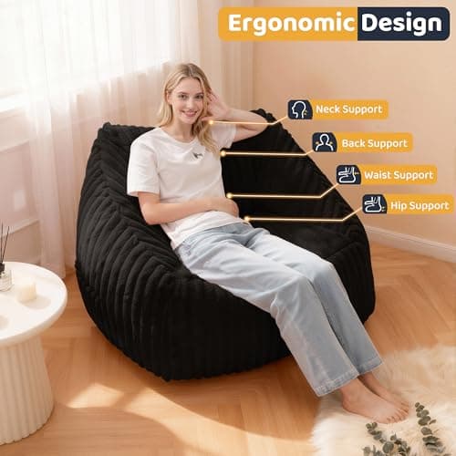 HABUTWAY Bean Bag Chair, Giant Bean Bag Chairs for Adults and Kids, Bean Bag Sofa, Lazy Floor Sofa, Faux Fur Beanbag Chair with Armrests for Living Room Bedroom (Black) - Thumbnail 4