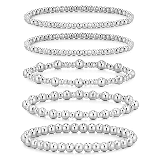 adoyi Silver Bracelets for Women, 14K Gold Plated Beaded Strand Bead Ball Bracelets stack Set Adjustable Stackable Bracelet Sets Jewelry for Womens Gifts - Image 1