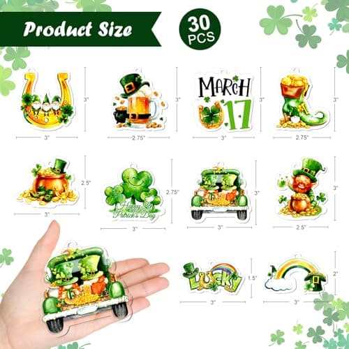 D4DREAM 30Pcs St Patricks Day Ornaments for Tree Decorations - 10 Styles Acrylic Saint Patricks Day Decor with Green Shamrock Gold Coins Horseshoe for Tree Home Spring Irish Day Party Supplies - Thumbnail 4