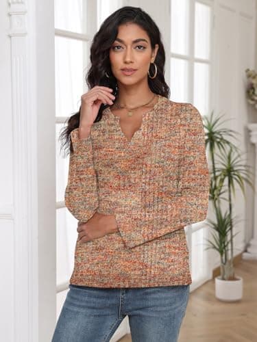COCOMARTS Womens Waffle Knit V Neck Tops Long Sleeve Henley Shirts Casual Blouses Fall Winter Outfits 2025 Trendy Clothes Golden Apricot XX-Large - Thumbnail 4