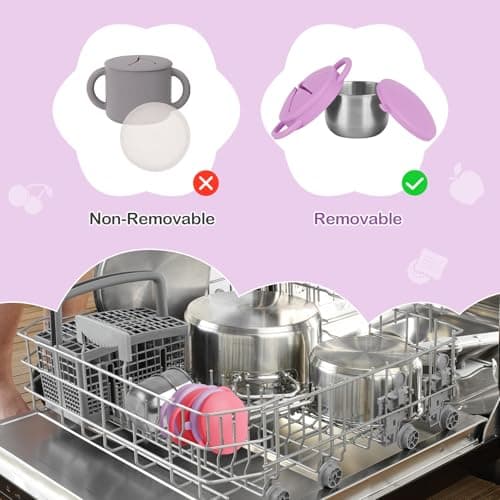 2 Pack Snack Cups for Toddlers Spill Proof - Detachable Stainless Steel Toddler Snack Cups with Silicone Lids & Handles - Dishwasher Safe Baby Snack Containers for Mess-Free Snacking (Red and Purple) - Thumbnail 5