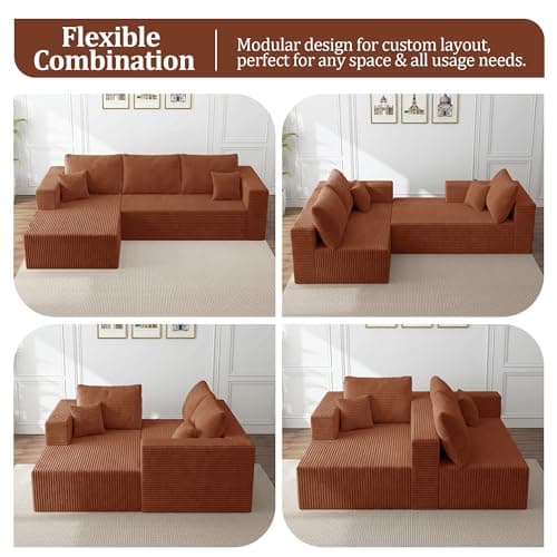 92.5" Modular Sectional Sofa, L-Shape 3 Seat Memory Foam Boneless Couch for Living Room, Cloud Couch with Oversized Chaise, No Need Assembly - Brown(Left Facing Chaise) - Thumbnail 5