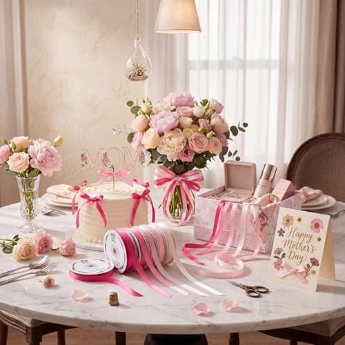 woric Double Faced Pink Satin Ribbon 3/8 Inch x 5 Rolls Total 50 Yards Thin Pink Hair Bows Ribbon for Graduation Leis Flower Bouquet Baby Girl Bridal Shower - Thumbnail 5