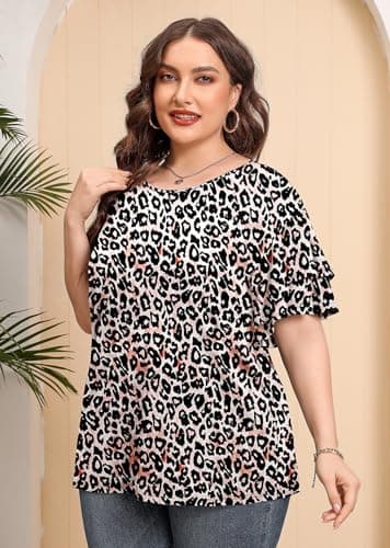 AusLook Plus Size Casual Tops For Women Fancy Peachy Leopard 1X Tunic Double Ruffle Short Sleeve Blouses Crewneck Clothing Tee Ladies Clothes Flowy Dressy Casual Loose Fit Outfits Maternity Summer - Thumbnail 5