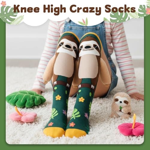 FunisFun Crazy Socks for Kids Girls Knee High Sloth Animal Socks Ideal Sloth Gifts for Girls Teens Women Birthday (US, Alpha, One Size, Regular, Green&Yellow) - Thumbnail 5