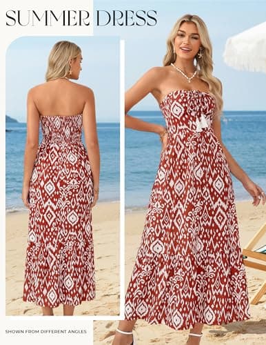 GRACE KARIN Strapless Floral Maxi Dress,Summer Casual Tube Top Boho Dresses,Beach Smocked Flowy Dress with Pockets Red L - Thumbnail 2