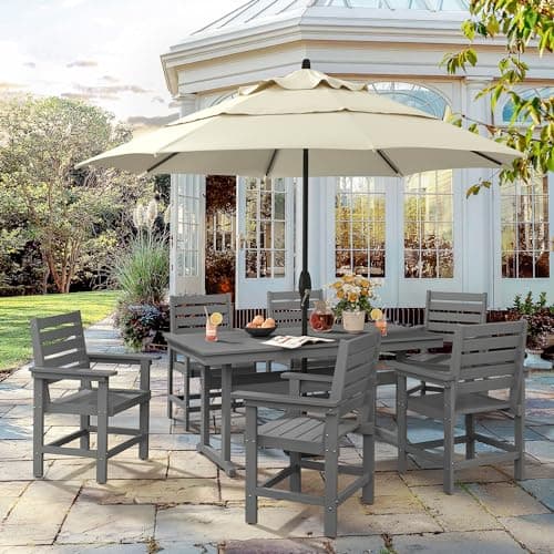 Homenjoy 7 Piece Patio Dining Set, 66" Rectangle HDPS Weather Resistant Outdoor Table & 6 Patio Chairs Set with 1.96" Umbrella Hole, Heavy Duty Chairs for Backyard Balcony Deck, Grey - Thumbnail 3