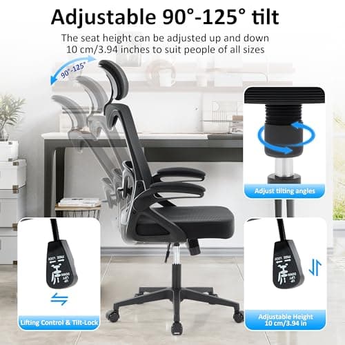 Fizzin Ergonomic Office Chair,Ergonomic Desk Chair with Headrest Mesh Computer Chair with High Back Adjustable Lumbar Support, Rolling Swivel Chairs with Wheel Armrests for Home Office,Black - Thumbnail 5