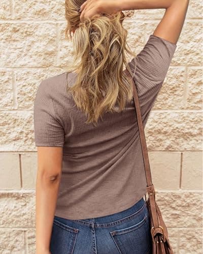 BTFBM Womens Tops 2026 Summer Top Henley V Neck Short Sleeve Button Slim Fit Casual Ribbed Shirts Blouses Spring Outfits(Light Coffee, X-Large) - Thumbnail 4
