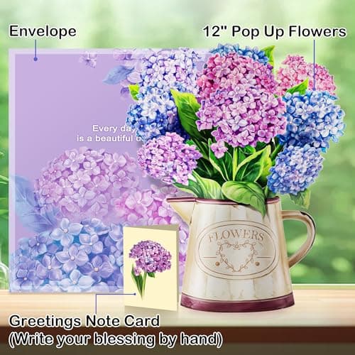 Airpark Mothers Day Gifts Card, 3D Pop Up Paper Flowers Bouquet 12’‘ with Note & Envelope, Birthday, Get Well, Teacher Appreciation Gifts, Anniversary, Thank You Gifts Cards for Women Friends, Nantucket Hydrangeas - Thumbnail 6
