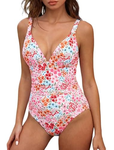 ZAFUL Womens Sexy V Neck One Piece Swimsuit Ruched Tummy Control Bathing Suit Backless Slimming Monokini (Pink Floral, X-Large) - Image 1
