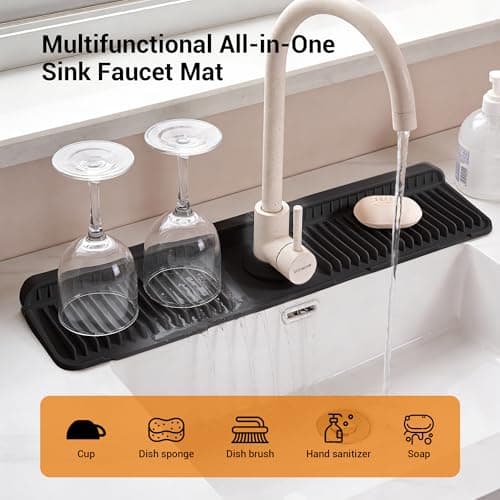 ZJWZLG Faucet Mat for Kitchen Sink, 24"X5.5" Silicone Sink Splash Guard with Soap Holder, Snap-On Design & 7°slope Fast Drain, Folding Sink Faucet Mat for Universal Kitchen Bathroom Sink（Black） - Thumbnail 2