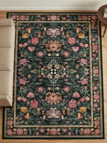 Cnythlis 5'x7' Dark Green Living Room Area Rug, Washable Non-Slip Silicone Backing Vintage Botanical Boho Carpet, 0.26" Low Pile Faux Wool Soft Rug, Water Stain Resistant for Bedroom Dining Room - Image 1