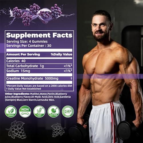 Nutravita Creatine Monohydrate Gummies for Men & Women-5g of Creatine Monohydrate per Serving - Sugar Free,Vegan, Grapes Flavor, 120 Count - Thumbnail 5