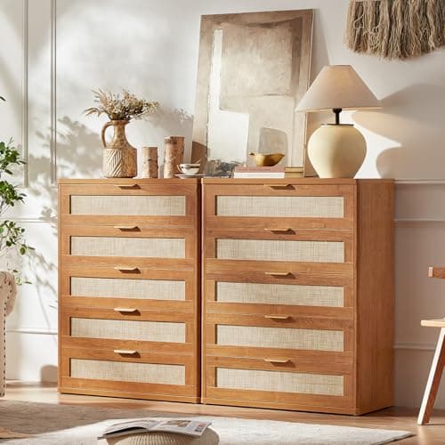 LEYAOYAO Rattan Dresser for Bedroom, 41" Tall Dressers Chest of Drawers, Boho Small Dressers with 5 Drawers, Tea Brown Dresser Wooden Closet Organizer for Living Room, Hallway - Thumbnail 4