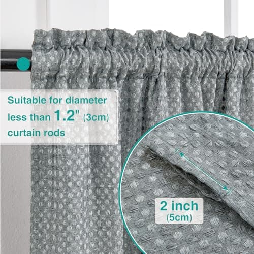 Home Queen Water Resistant Bathroom Window Curtains, Waffle Textured Half Tier Curtains for Kitchen, 28 W X 24 L Inches, Charcoal - Thumbnail 5