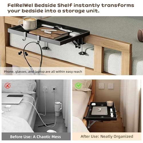 FelRelWel Foldable Bedside Shelf, Extra Large Floating Tray Table for Dorm Room & Bunk Bed, Side Table with 3 Cord Holes,College Dorm Room Essentials for Max 15.6" Laptops (15.7" x 11.8", Black) - Thumbnail 3