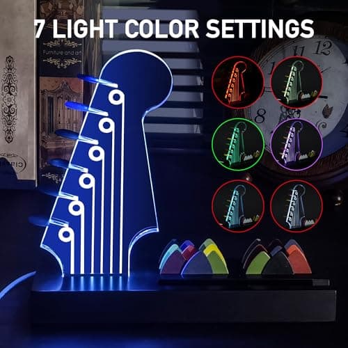 Light Up Guitar Pick Holder—Electric Guitar Headstock Design with 7-Color Changing Lights,Gifts for Music Lovers,Guitar Pick Display and Storage With Wooden Base&Phone Stand,Guitar Accessories. - Thumbnail 2