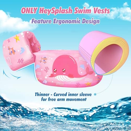 HeySplash Swim Vest for Kids, Toddler Pool Floaties Fit 22-55 Lbs, Swimming Vest with Adjustable Strap, Swim Jacket Water Wings Arm Floats, Puddle Beach Boat Jumper for Boys Girls, Pink Whale - Thumbnail 2