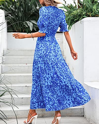 BTFBM Women Casual Summer Dresses 2026 Spring Crew Neck Ruffle Short Sleeve Smocked Floral Boho Flowy Maxi Dress Clothes(Print Blue, Large) - Thumbnail 5