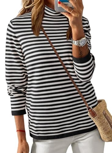Dokotoo Spring Sweaters for Women 2026 Trendy Turtleneck Black Stripe Pullover Shirts Knit Sweater Casual Long Sleeve Jumpers Tops Shirts Sweaters Medium - Thumbnail 2
