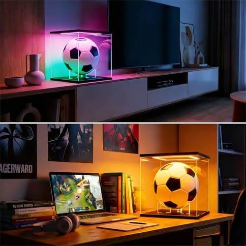 Sheenory Acrylic Soccer Display Case with RGB LED Lights, Dustproof Memorabilia Display Box Showcase for Soccer and lego Collectibles with Removable Ball Stand & UV Protection(Black 9.8x9.8x9.8inch) - Thumbnail 4