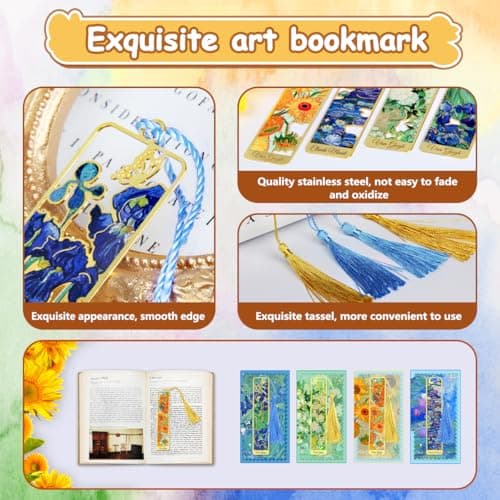 Kinsound Metal Bookmarks with Tassel, Golden Van Gogh Monet Oil Painting Theme Cute Hollow Book Markers for Reading Women, Teachers, Students, Reading Accessories Gifts for Book Lovers (Style A(4PCS)) - Thumbnail 2