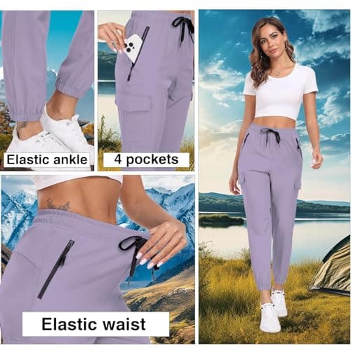 Womens Joggers Cargo Hiking Pants 4 Pockets Water Resistant Quick Dry UPF 50+ Lightweight Elastic Waist Drawstring Casual Work Travel Golf Jogging Purple XL - Thumbnail 5