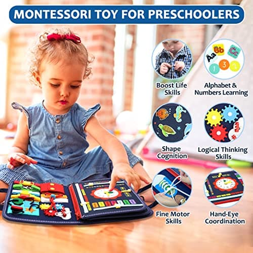 Qizfun Montessori Busy Board & Busy Book for Toddlers – Sensory & Learning Toy That Keeps Kids Busy, Travel Toy for Airplane & Car, Screen for Boys & Girls (Blue/P4) - Thumbnail 2