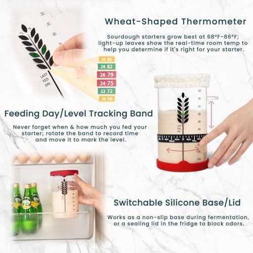 Sourdough Starter Kit - 38oz with Cookbook, Measuring Cup, Spatula, Wide Mouth Jar Cover, Thermometer, Date Marked Feeding Band, Glass Jar for Baker, Bread Baking Supplies - Thumbnail 3